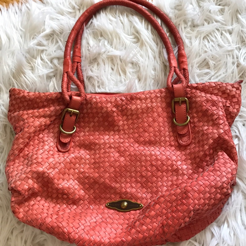 Coral leather weaved bag